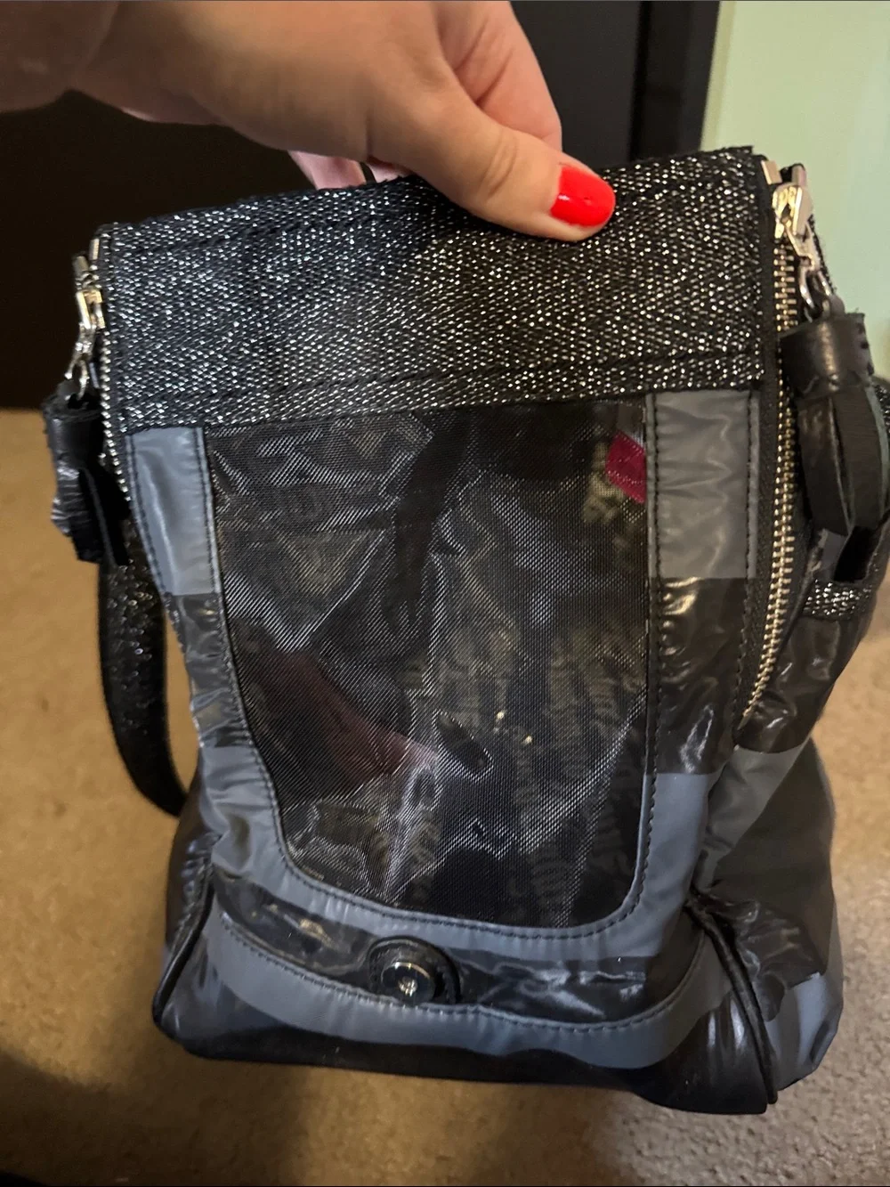 Juicy Couture Gray and Black Striped Dog Carrier Tote